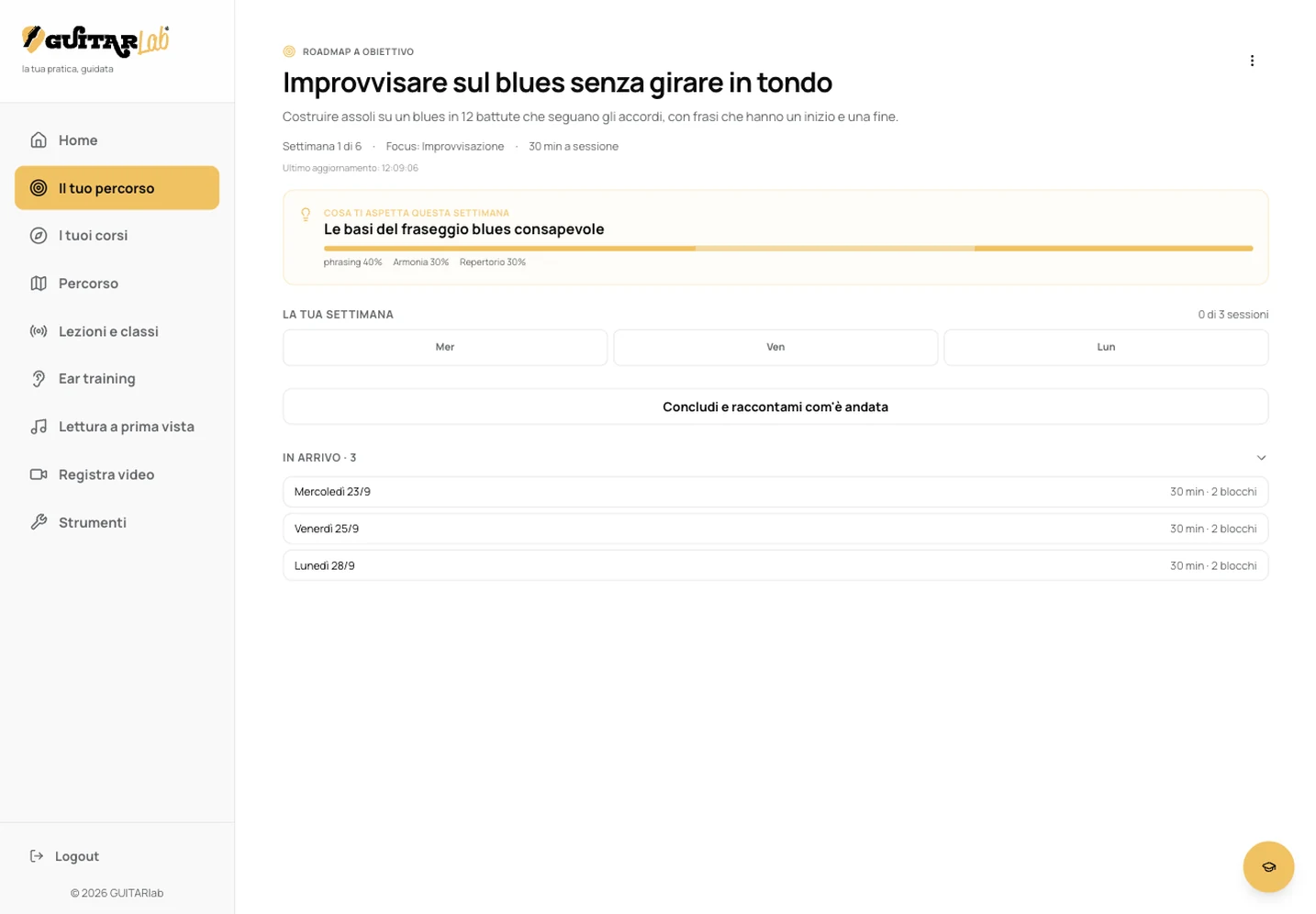Dashboard GUITARlab: il tuo percorso, con l'obiettivo della settimana e le prossime sessioni