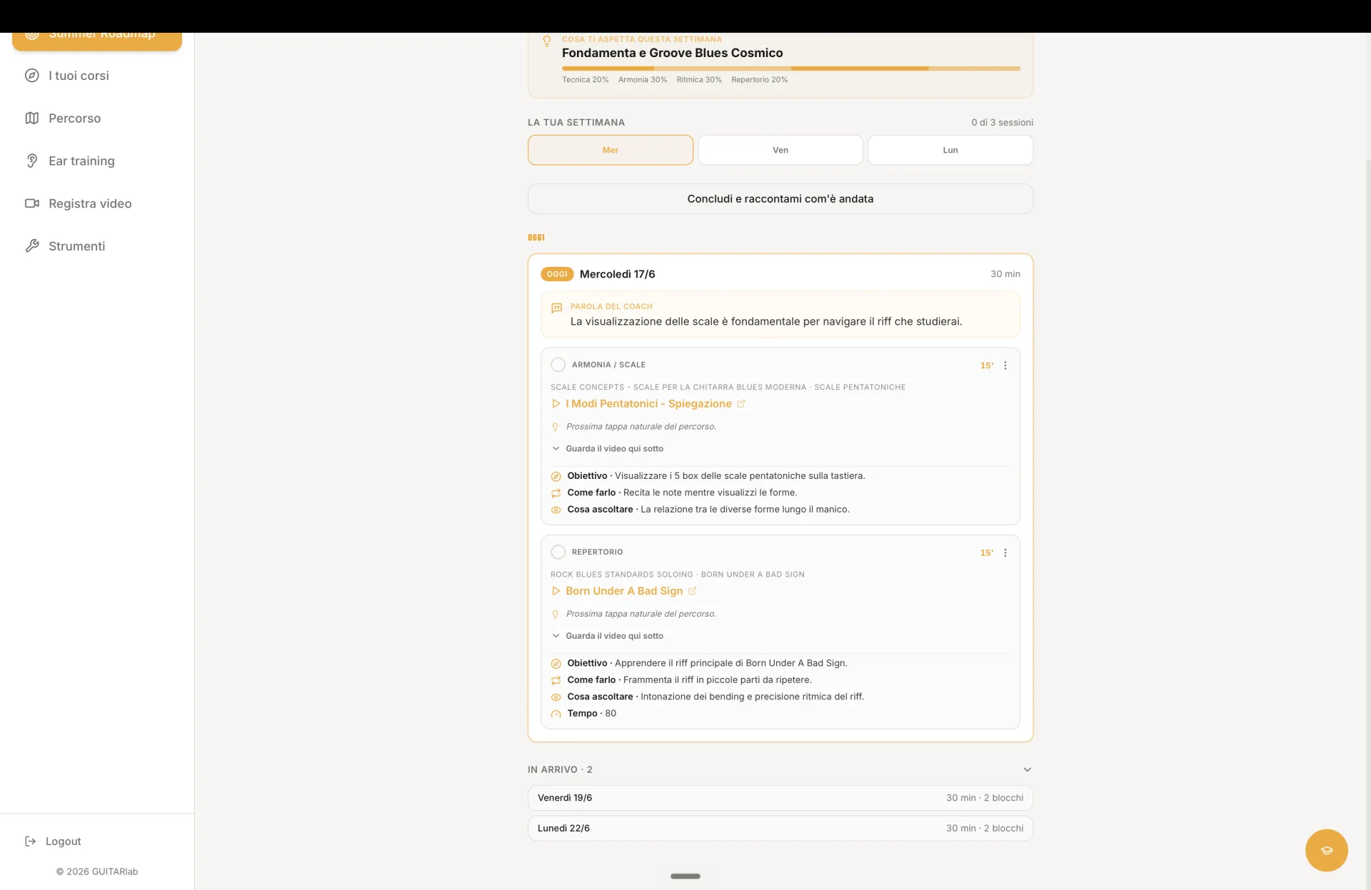 La dashboard di GUITARlab: il piano settimanale con la sessione del giorno