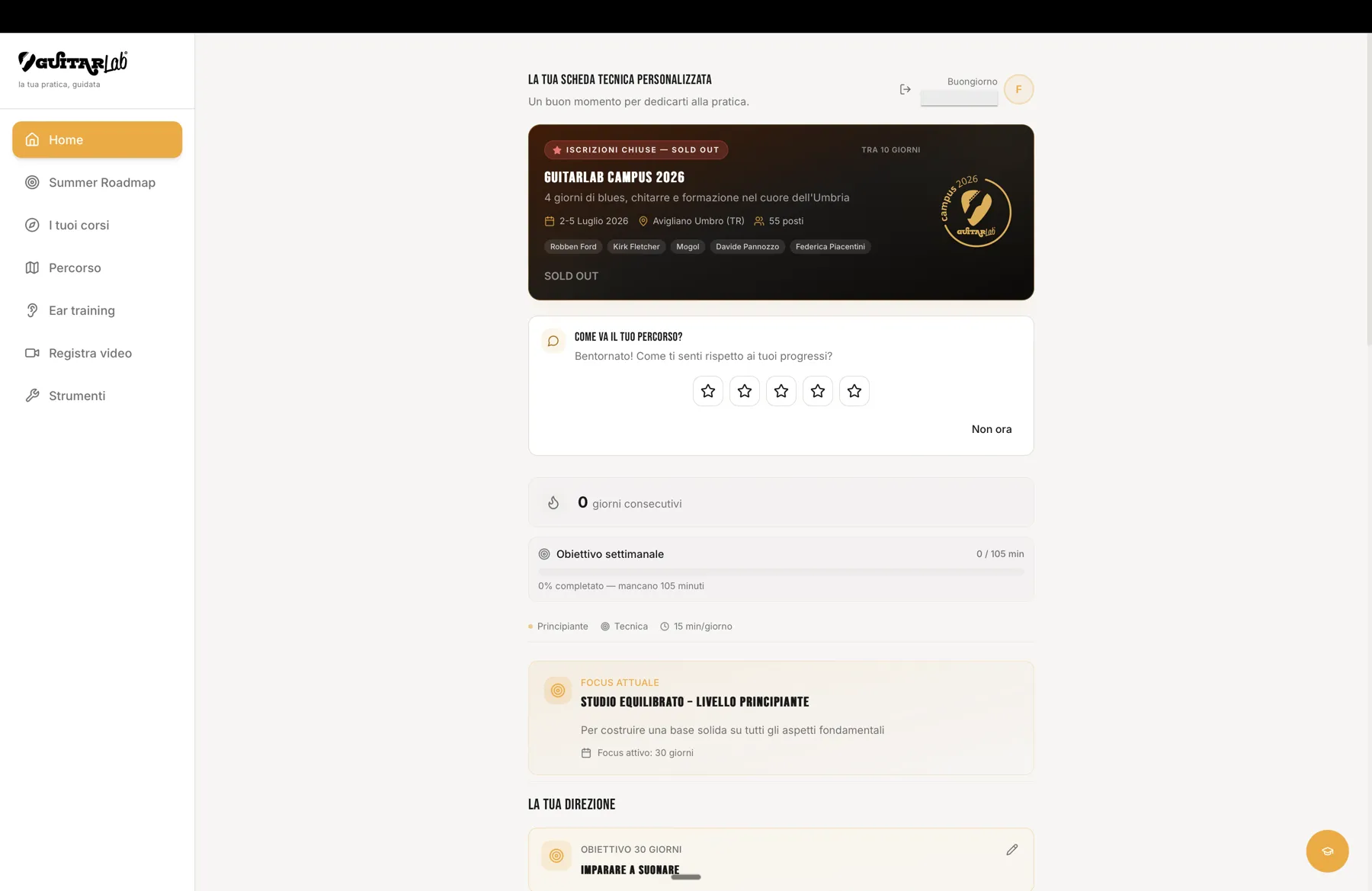 La dashboard di GUITARlab: il tuo piano di oggi, con la direzione di studio e i progressi