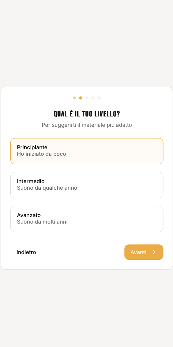 L'onboarding di GUITARlab: rispondi a poche domande sul tuo livello e il percorso si costruisce su di te